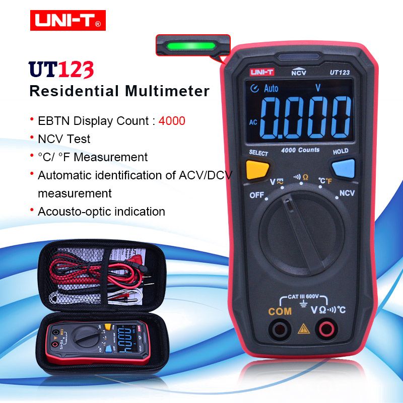 UT123 Digital Multimeter Pocket Size Residential Multimeter AC DC Voltage Resistor Temperature NCV Tester EBTN Display