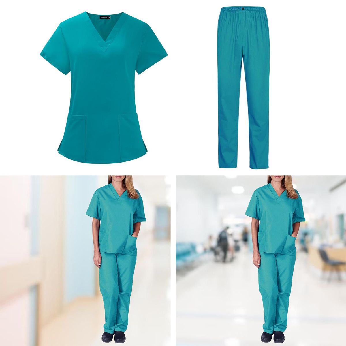 Scrubs Set For Women Stretch Scrub Top And Pants Nursing Blue S
