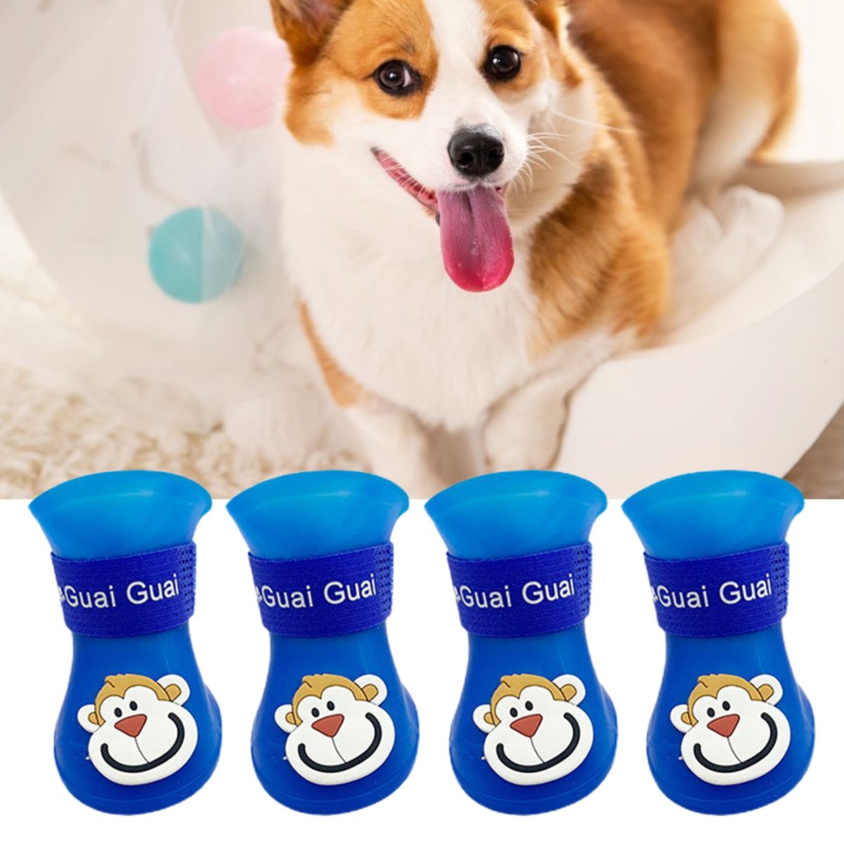 4Pcs Puppy Rain Shoes Cartoon Patter Bright Color Pet Rain Boots Blue