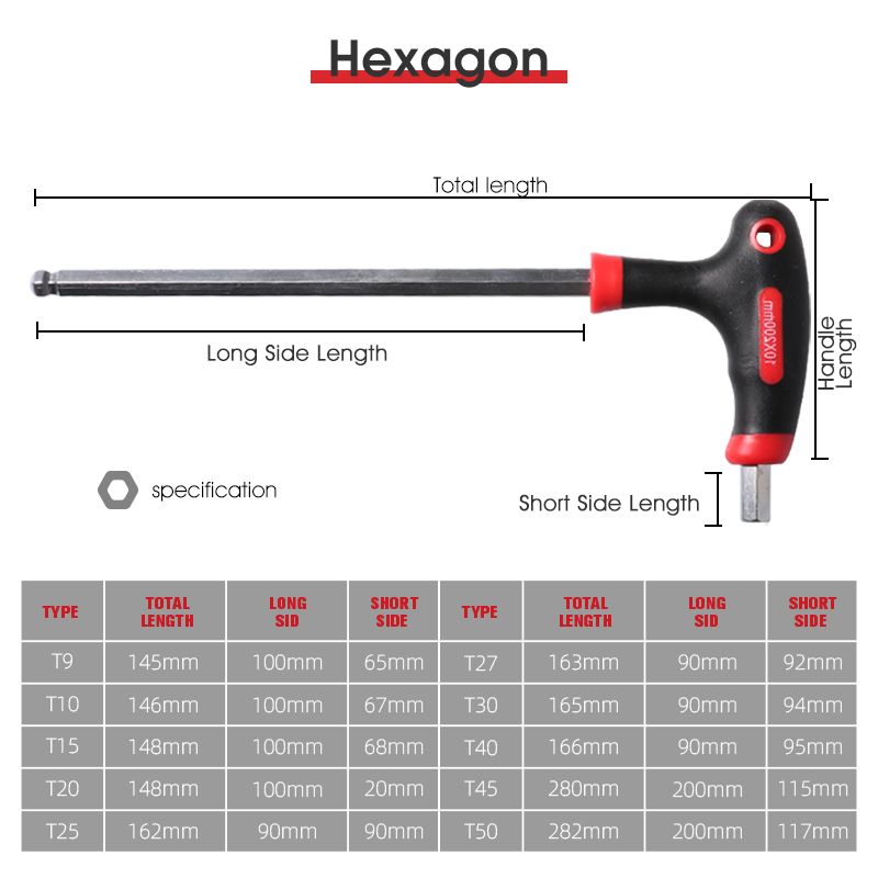 (Ball-end)QUK T-Handle Hexagon Wrench 10 Pcs Set Universal Allen Key Torx Ball Spanner Screw Nut Driver For AutoMobile Repair Hand Tool