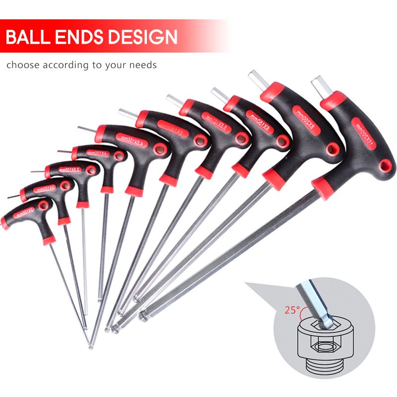 (Ball-end)QUK T-Handle Hexagon Wrench 10 Pcs Set Universal Allen Key Torx Ball Spanner Screw Nut Driver For AutoMobile Repair Hand Tool