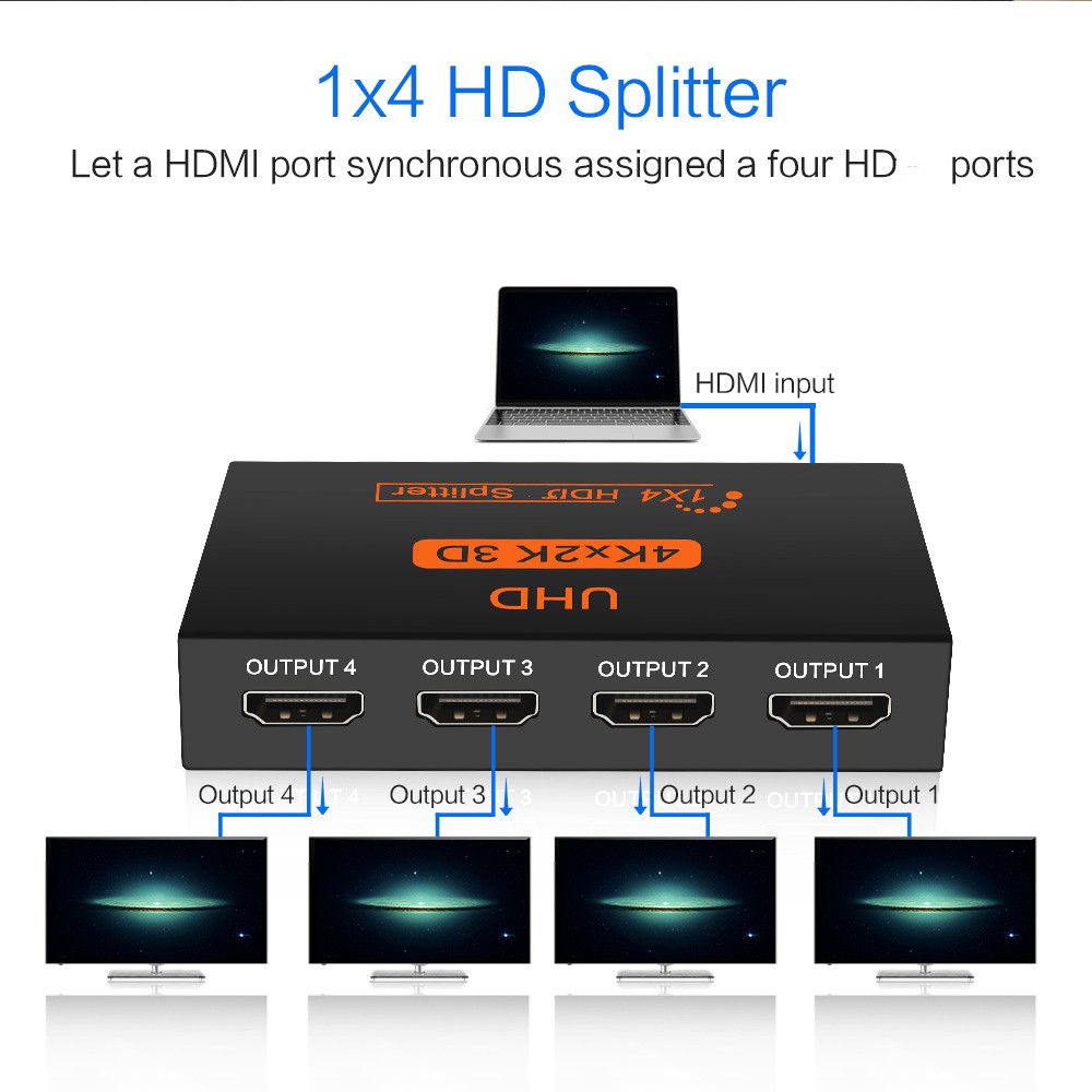 Ultra HD 4K 4 Port HDMI Splitter 1x4 Repeater Amplifier 1080P 3D Hub 1 In 4 Out