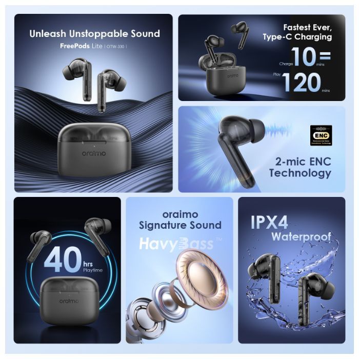 ORAIMO FREEPODS Bluetooth Earphone Wireless Earpods Touch Earpiece Control Earbuds 6D Bass Like Display Headphones