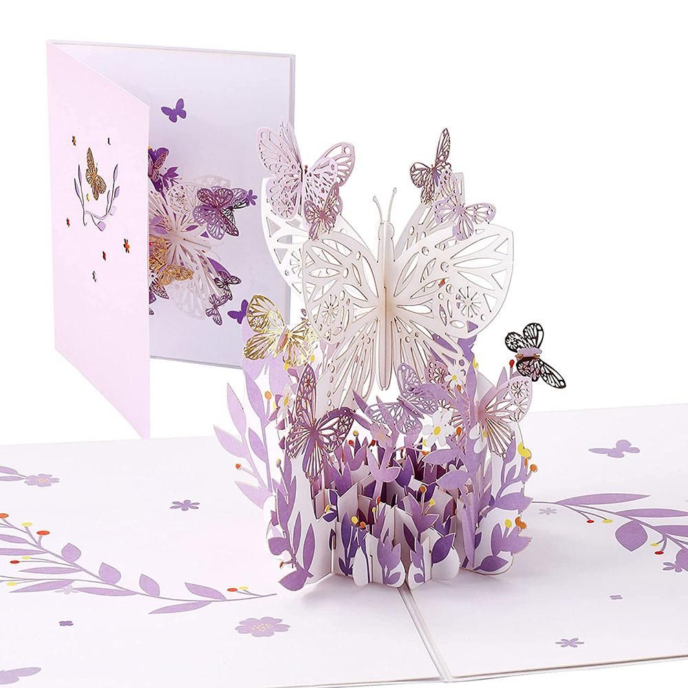 Purple Butterfly Birthday PopUp Card, Butterfly Flower Basket 3D Greeting Cards for Women Girl Daughter, Mothers Day
