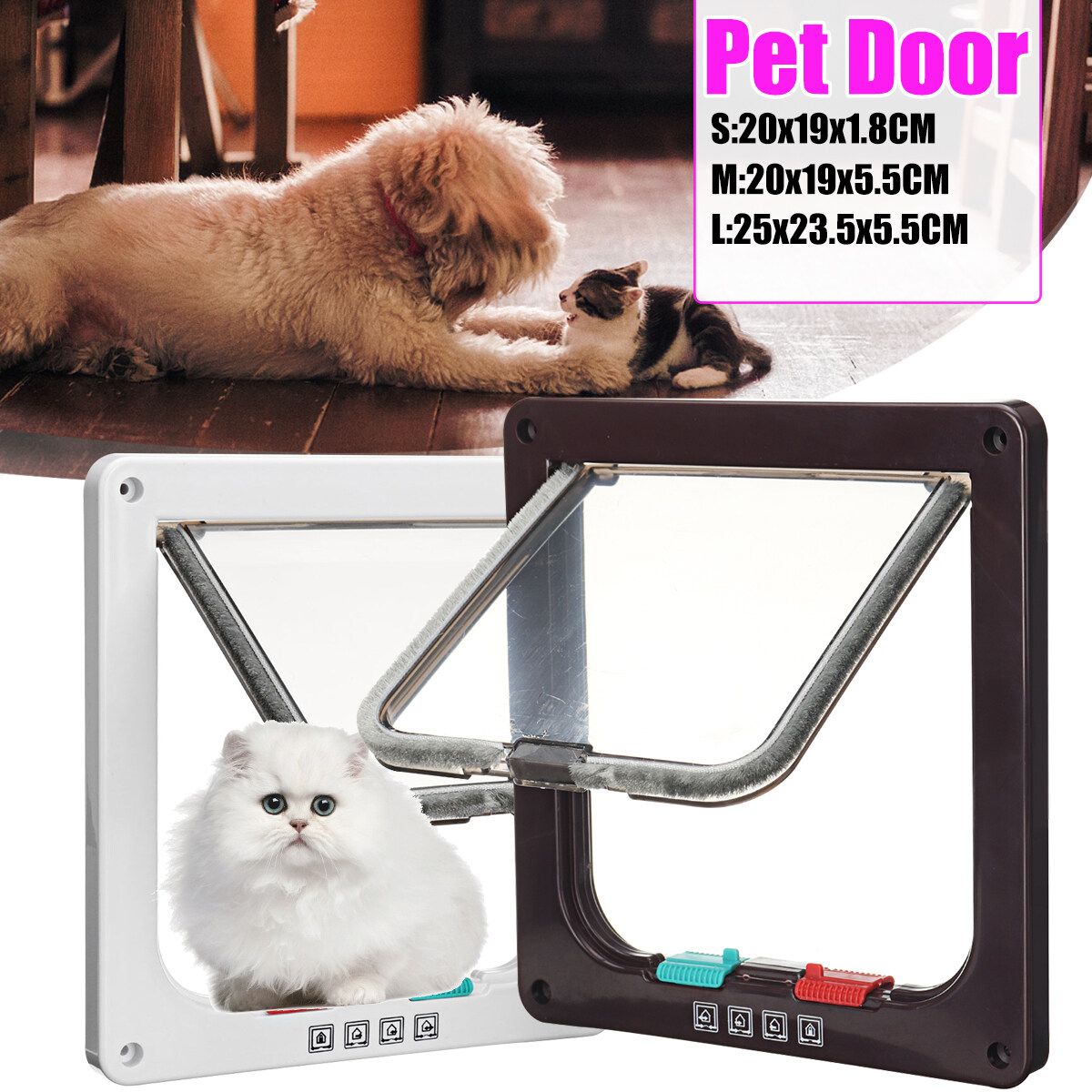 Pet Cat Door Free Entry And Exit Door Lockable Flexible Transparent Flip Door Design [Brown, White]