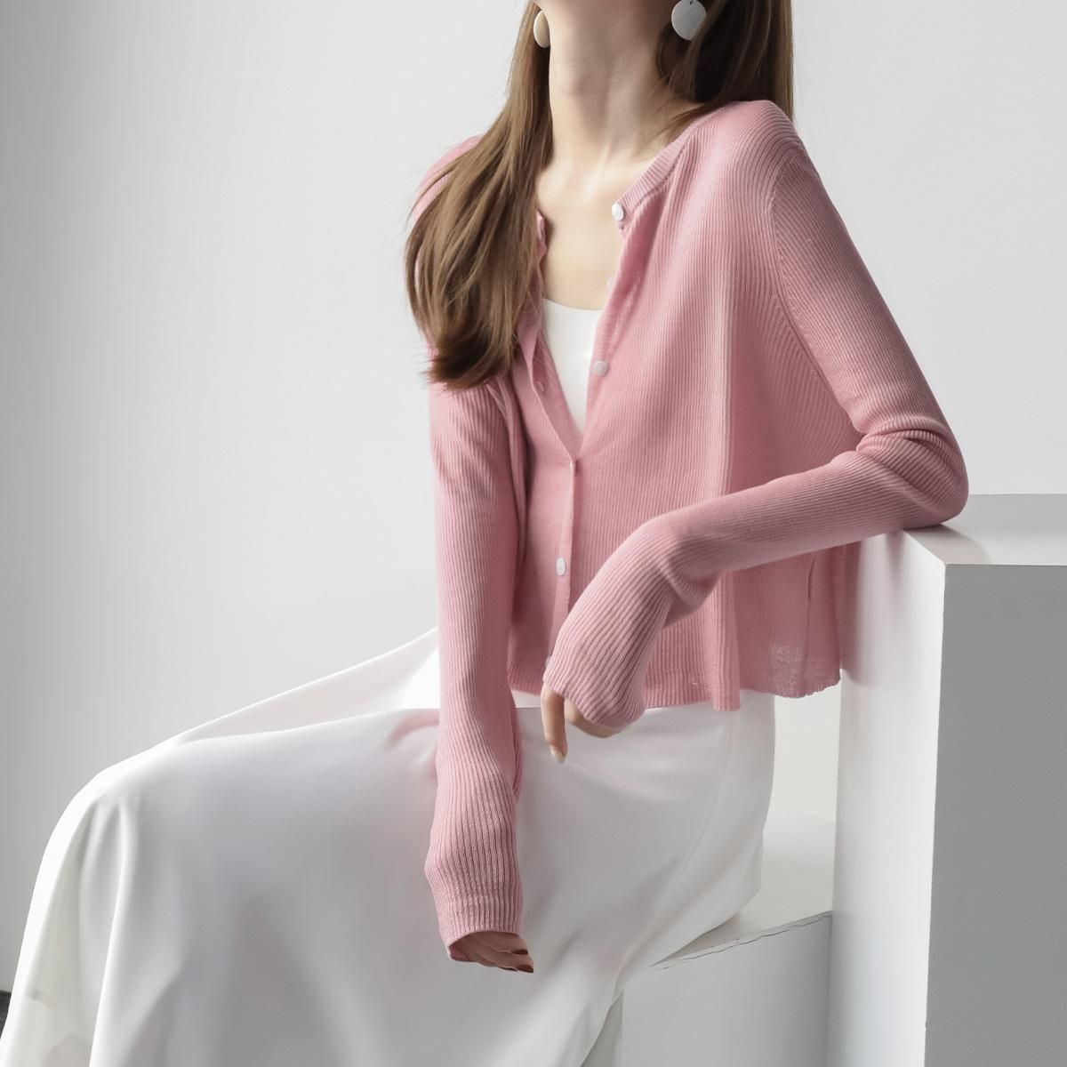 MZOMXL Lanjing Tiansi cardigan with round neck, long sleeved knit shirt for women, gentle and thin