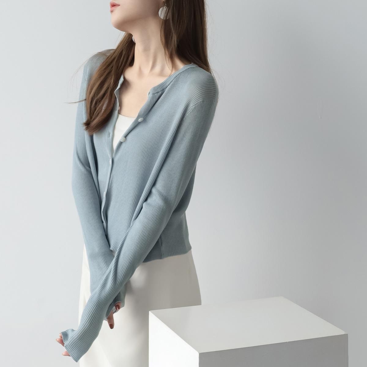 MZOMXL Lanjing Tiansi cardigan with round neck, long sleeved knit shirt for women, gentle and thin