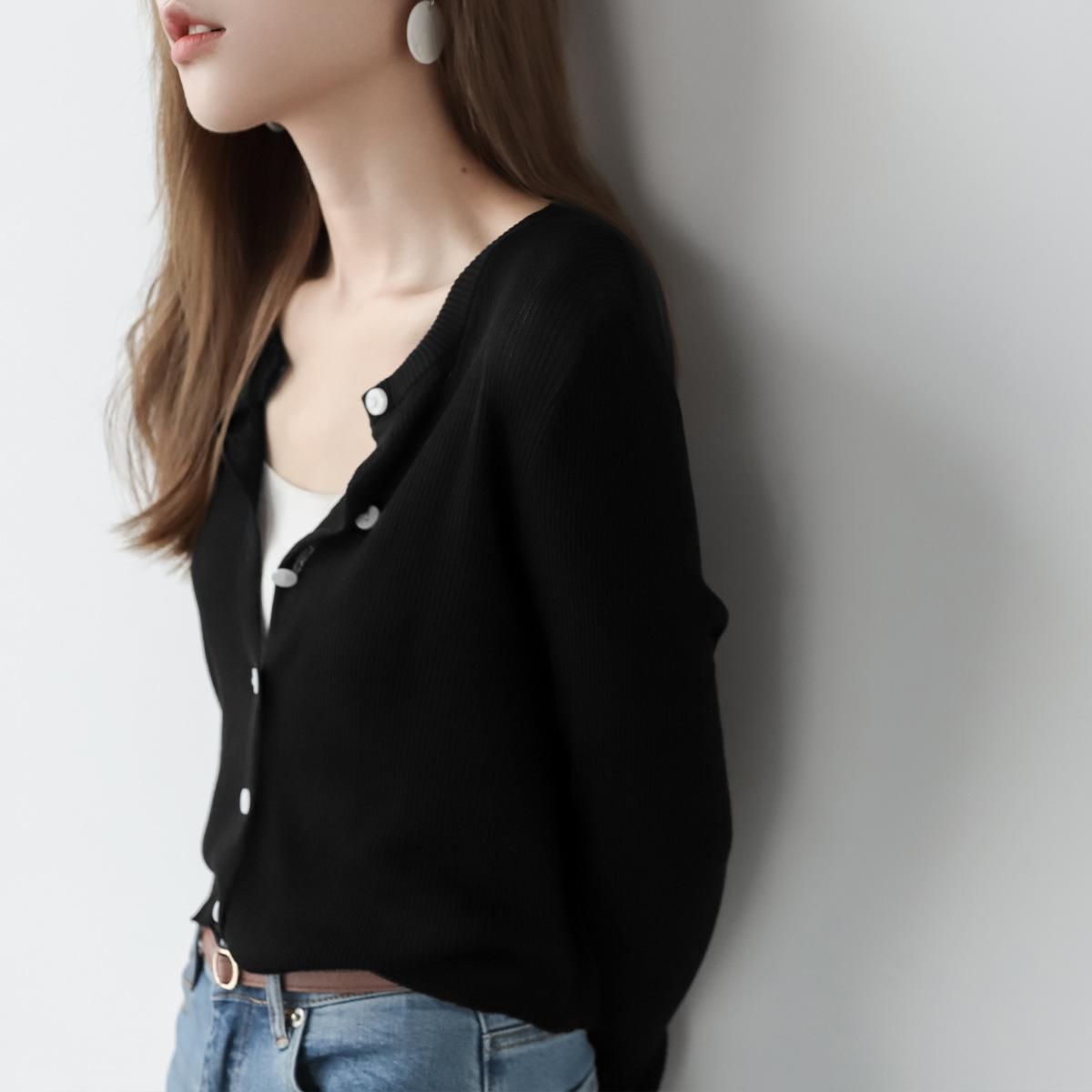 MZOMXL Lanjing Tiansi cardigan with round neck, long sleeved knit shirt for women, gentle and thin