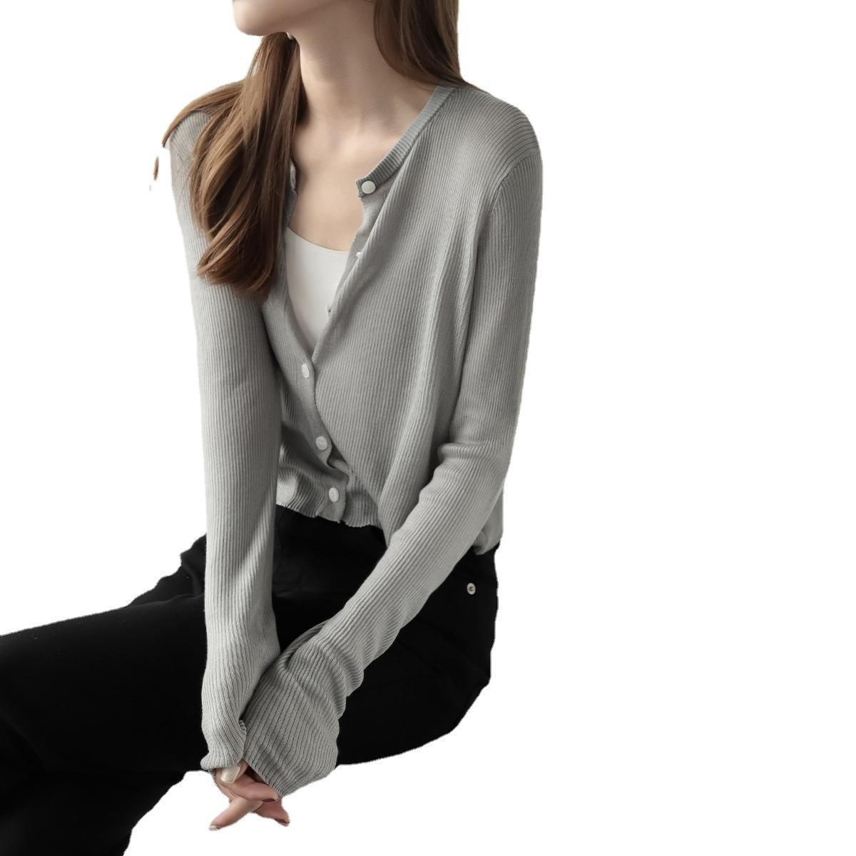 MZOMXL Lanjing Tiansi cardigan with round neck, long sleeved knit shirt for women, gentle and thin