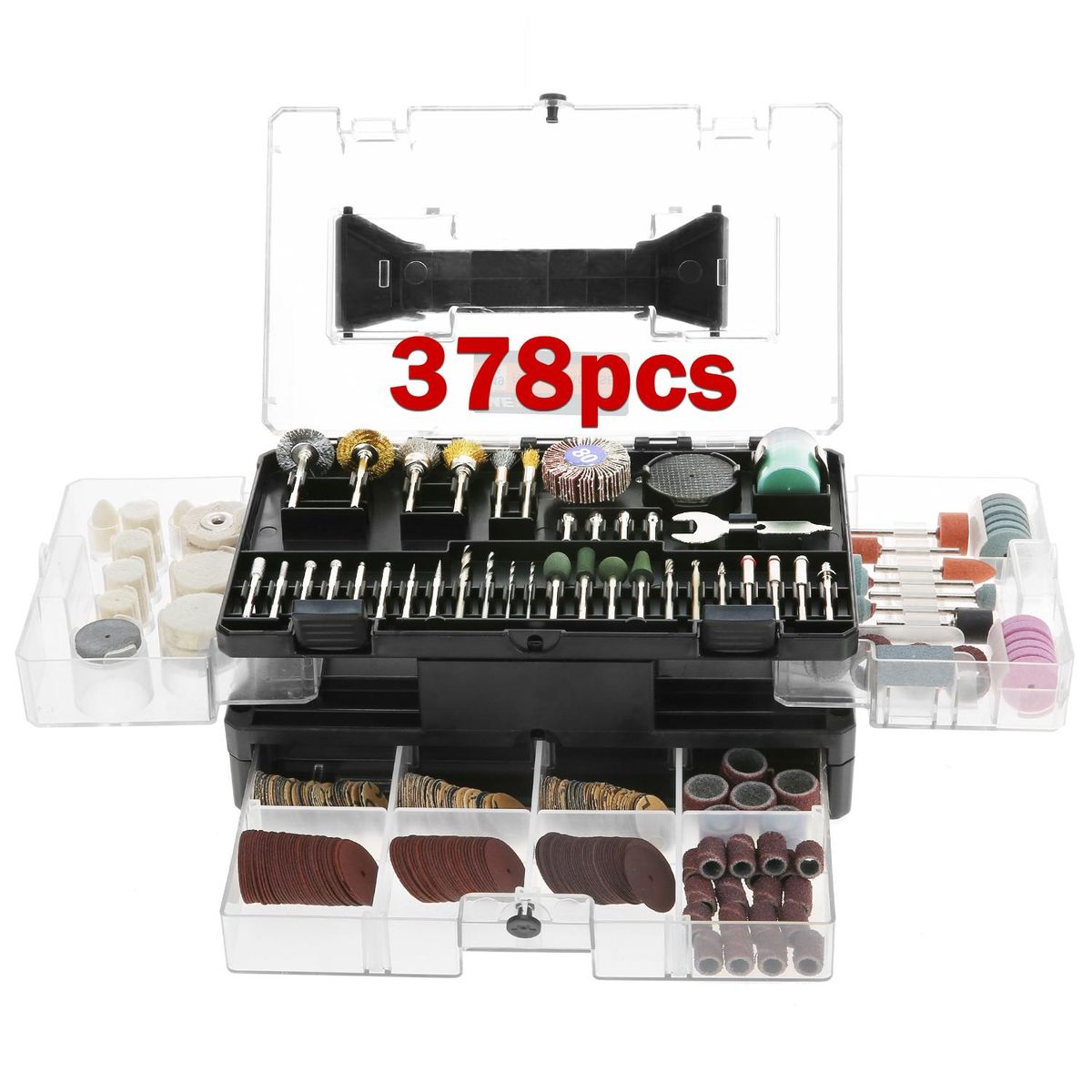 378pcs Rotary Tool Accessories kit. Including polishing wax, drill bit, resin cutting disc, wool felt, felt polishing tip, resin cutting disc connecting rod and so on. Great for all types of detail work in both hard and delic