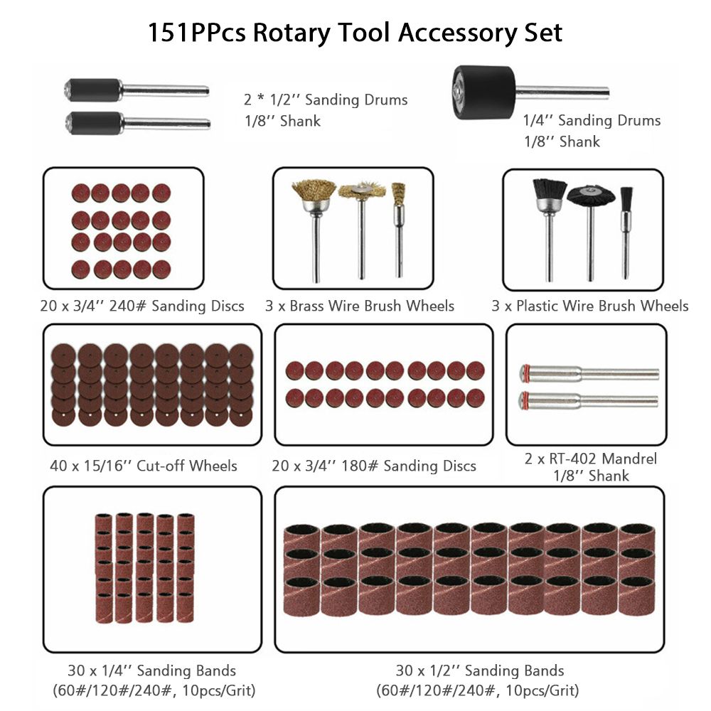 151Pcs Rotary Tool Accessories Kit Universal 1/8'' Shank