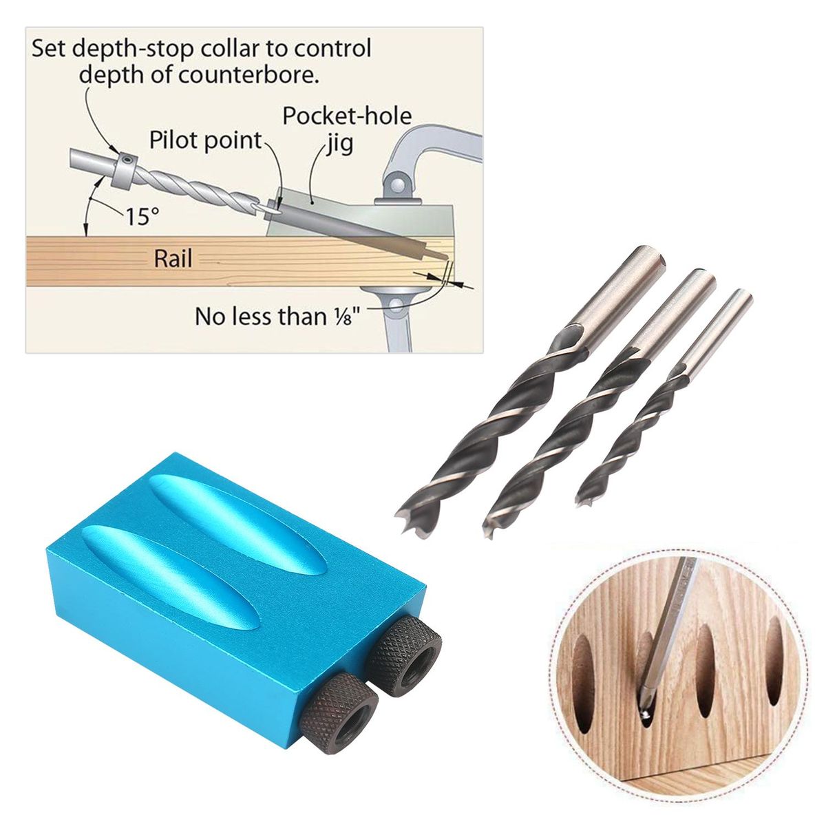 15pcs Pocket Hole Jig Kit  8mm 10mm 15 Degree Angle Drill Guide Woodwoorking Tool Inclined Hole Jig Hole Puncher Locator Jig Drill Bit Carpentry Tools