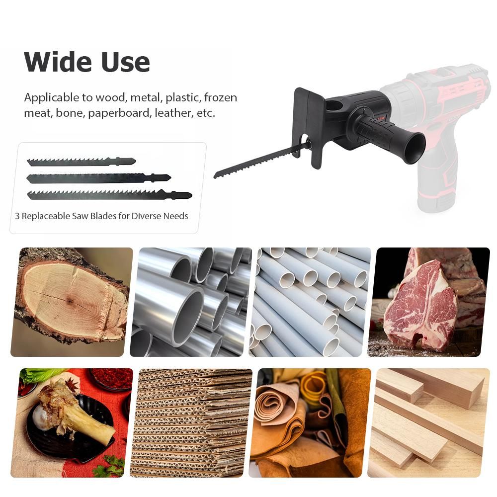 Electric Drill to Reciprocating Saw Adapter with 3 Replaceable Saw Blades Power Drill Modified Tool Electric Saw Converter for Wood Metal Plastic Bone Leather
