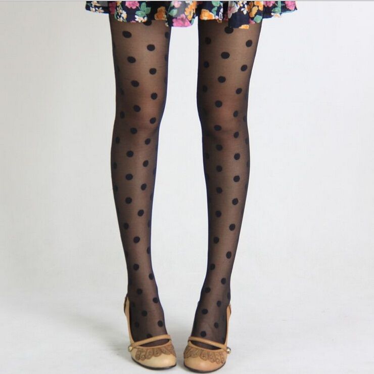 Women's Tights Classic Polka Dot Silk Stockings.Ladies Vintage Faux Tattoo Round Dot Stockings Hose Female Hosiery Black