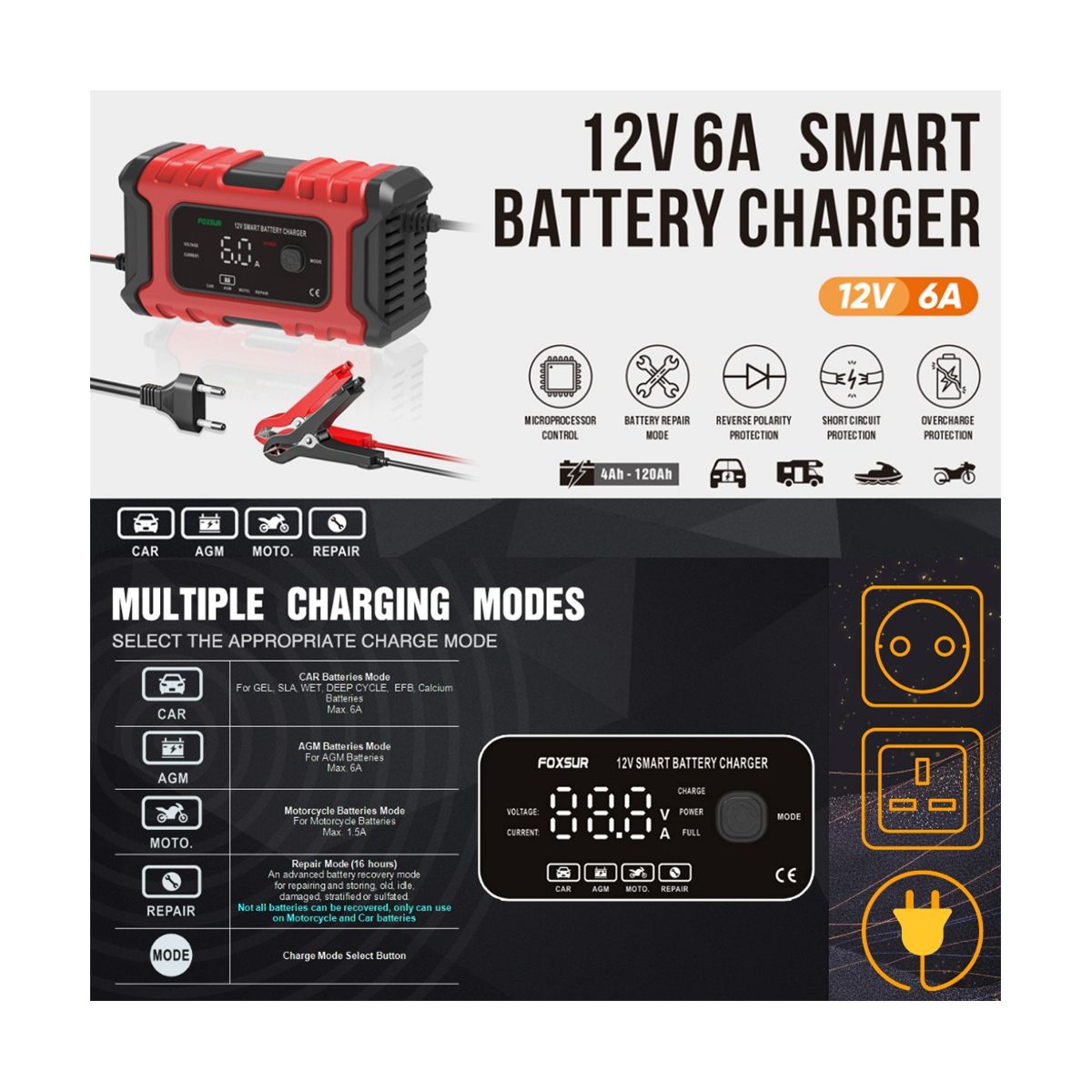 Car Battery Charger 12V 6A for Automotive Electric