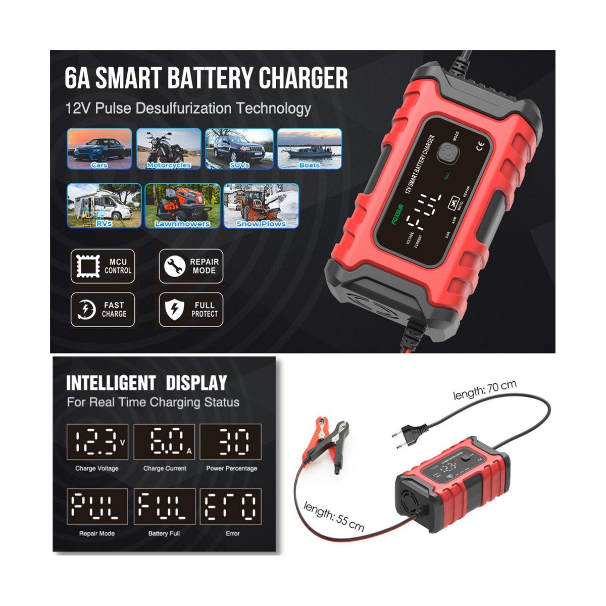 Car Battery Charger 12V 6A for Automotive Electric