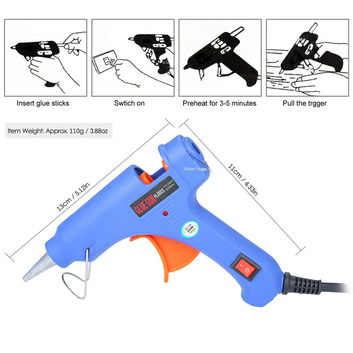 20W Hot Melt Glue Gun Hot Melt Glue Machine Multifunctional Industrial Household DIY Glue Gun with Switch Button Blue HJ005