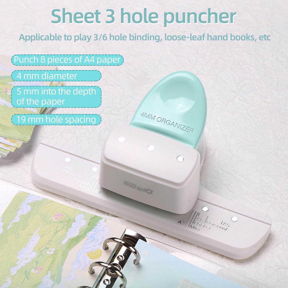 KW-trio 9027 Loose Leaf Hole Punch Daily Planner Adjustable 3 Hole Paper Puncher for A8 Mini / A7 / A7 Pocket / A6 / A6 Personal / A5 Size 8 Sheet Capacity Notebooks Scrapbooking Supplies