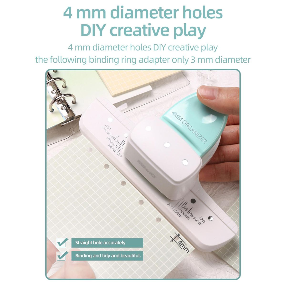 KW-trio 9027 Loose Leaf Hole Punch Daily Planner Adjustable 3 Hole Paper Puncher for A8 Mini / A7 / A7 Pocket / A6 / A6 Personal / A5 Size 8 Sheet Capacity Notebooks Scrapbooking Supplies