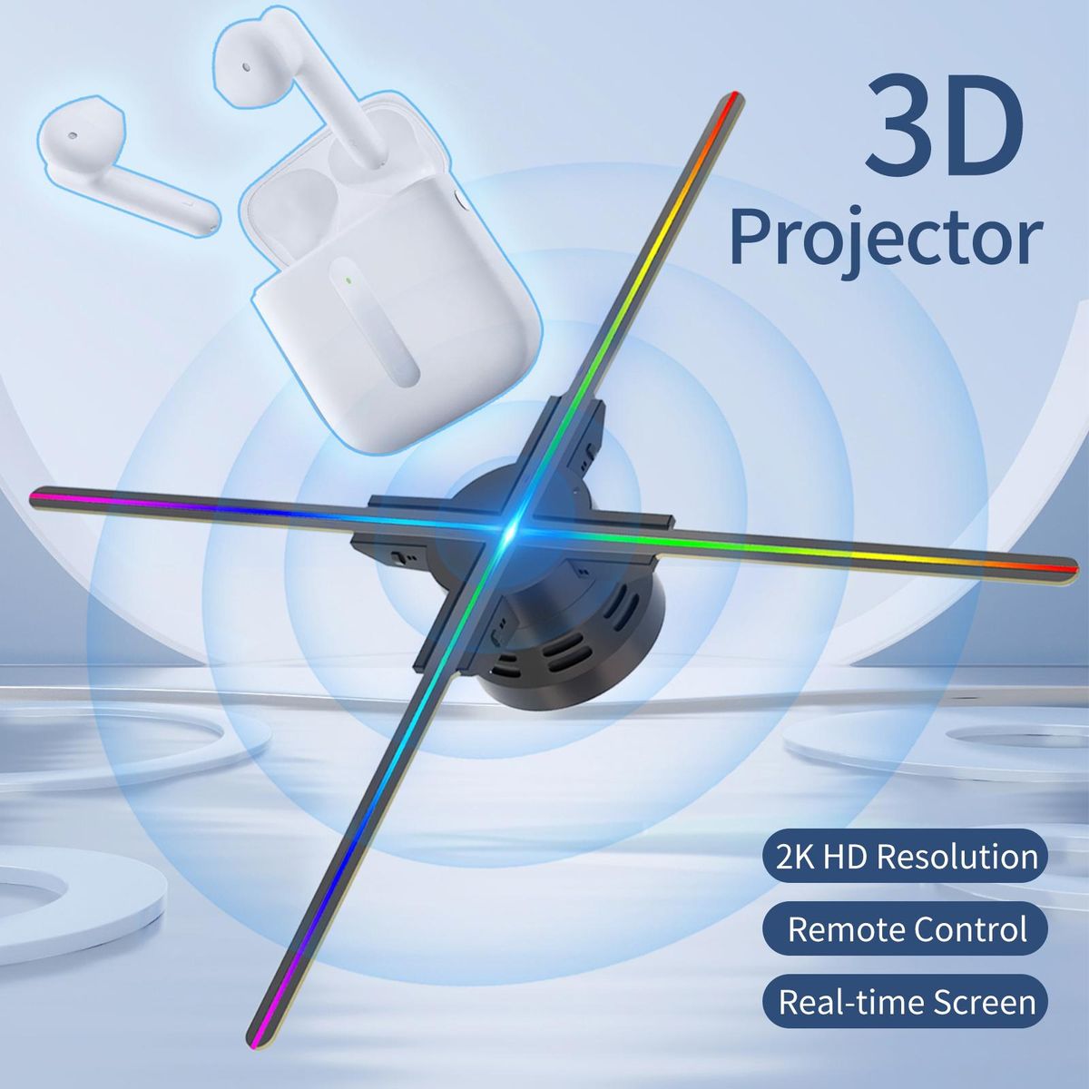 F52 3D Hologram Projector Advertising Display Fan Wall-mounted Player 3D Naked Eye 2K HD LED Photo Video Fan with 624pcs LED Light Beads Remote Control Sign Real-time Screen Display for Business Shop Store Bars Exhibition Ent