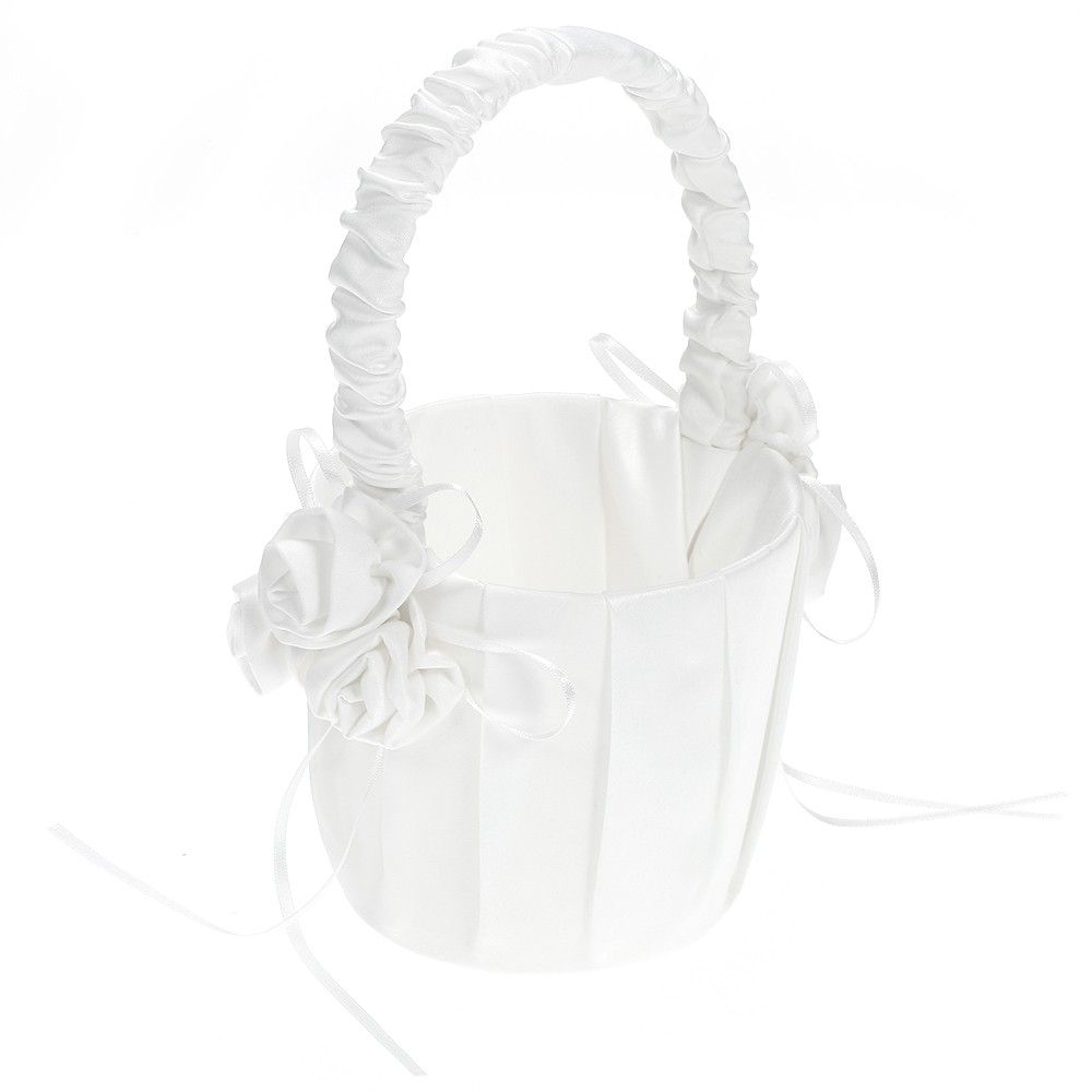 White Satin Wedding Flower Girl Basket With Floral