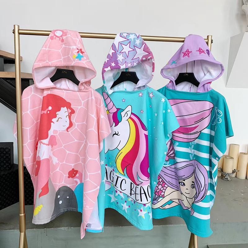 New Cartoon Bathrobe for Middle and Big Children Baby Wearable Pullover Hooded Bath Towel Children Water-Absorbing Bath Clothes Swimming Cloak