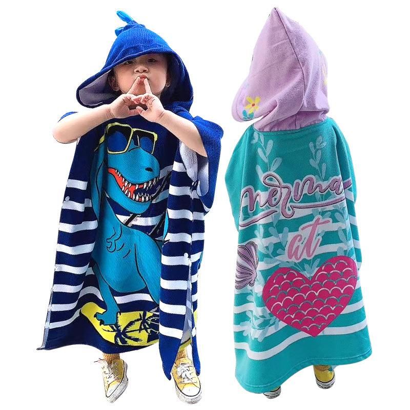 New Cartoon Bathrobe for Middle and Big Children Baby Wearable Pullover Hooded Bath Towel Children Water-Absorbing Bath Clothes Swimming Cloak