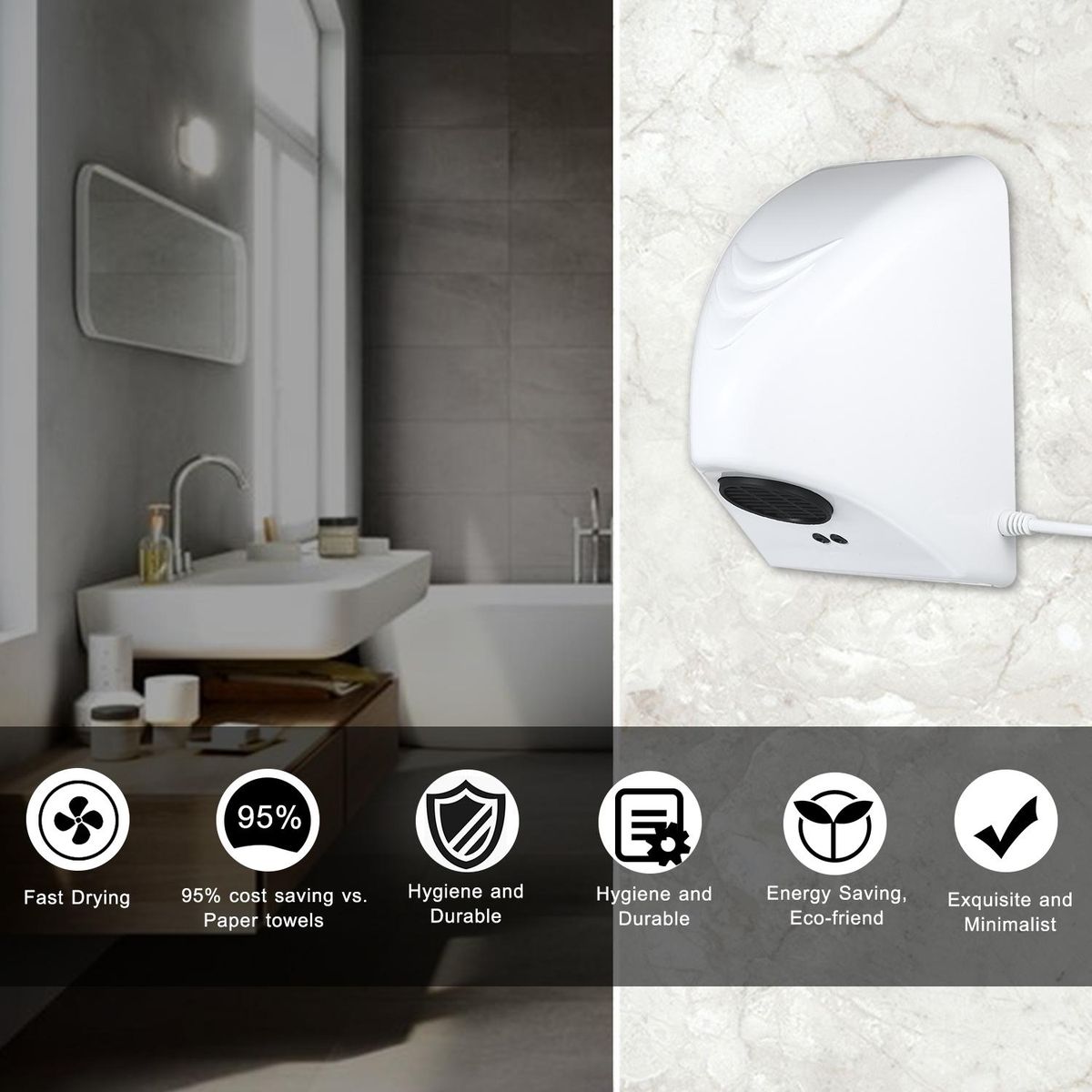 Automatic Commercial Hand Dryer 600W Electric Hand Dryers Household Hand-Drying Device Bathroom Warm Wind Hand Blower Plastic Cover