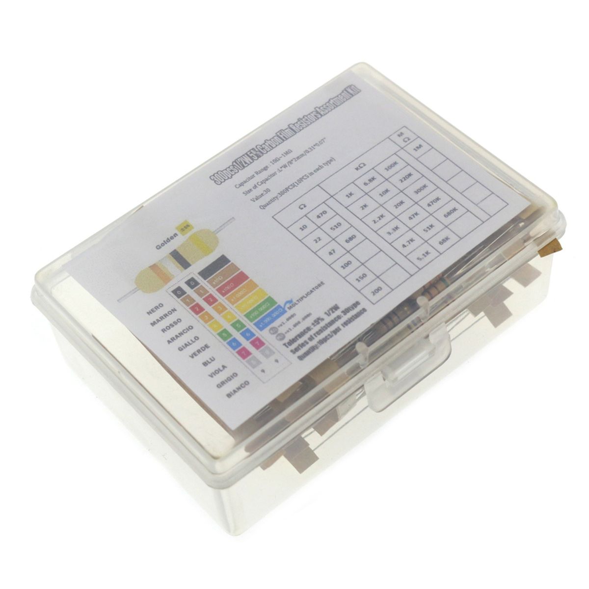300PCS 30 Values 1/2W Carbon Film Resistors Kit 5% Metal