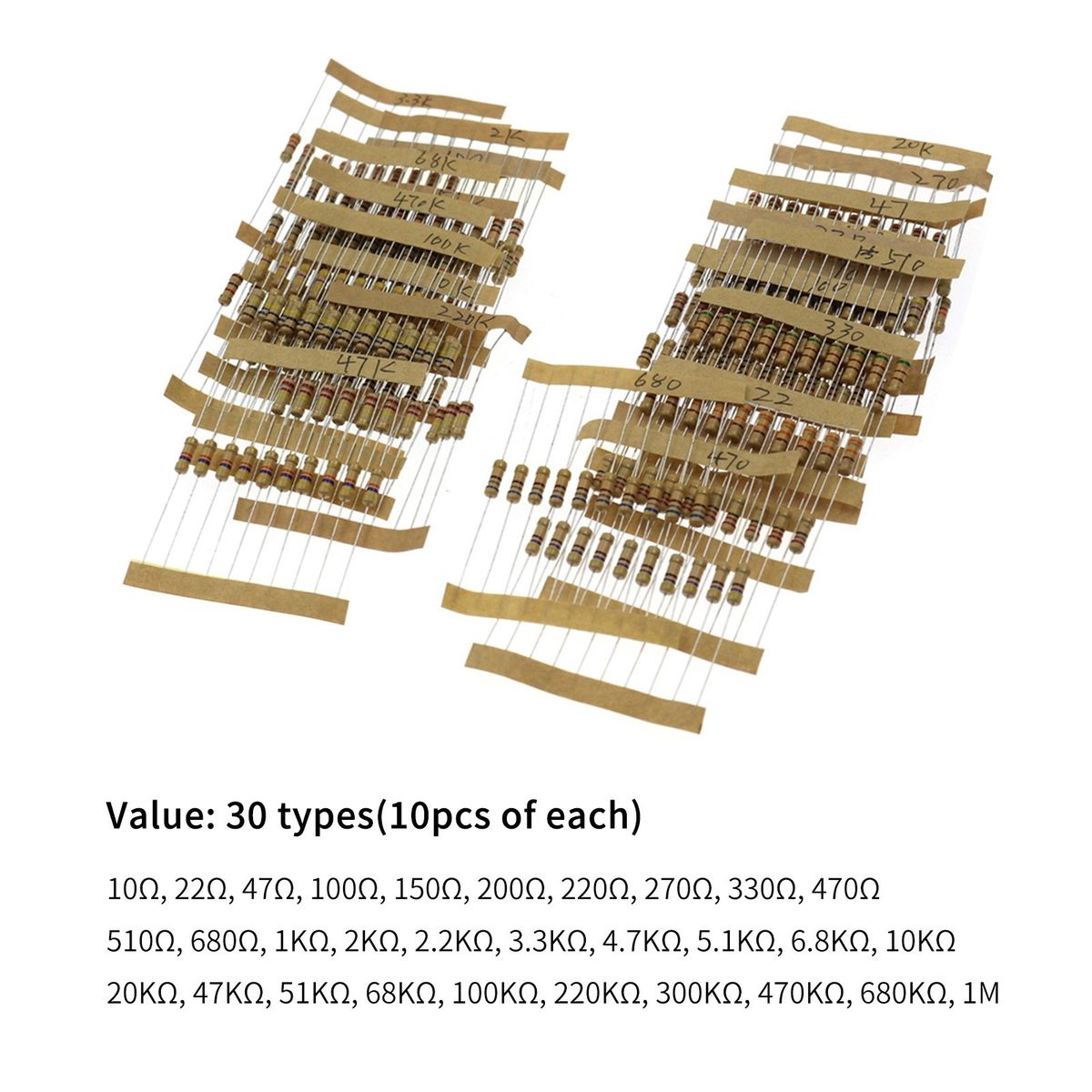 300PCS 30 Values 1/2W Carbon Film Resistors Kit 5% Metal