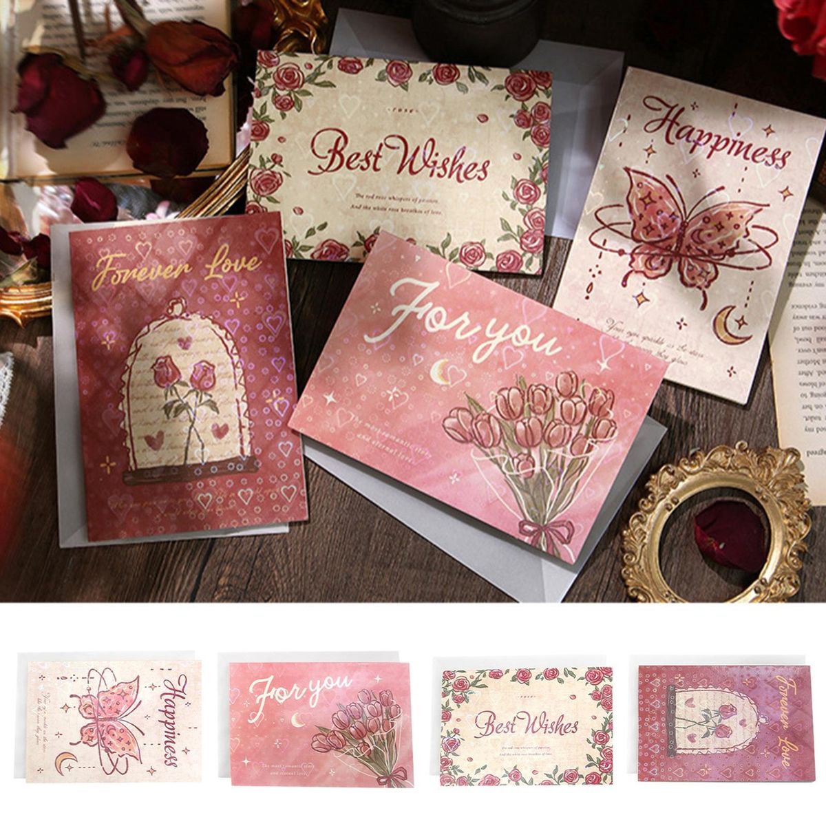 4Pcs Festival Card Romantic Flower Butterflies Pattern Birthday Blessing Card