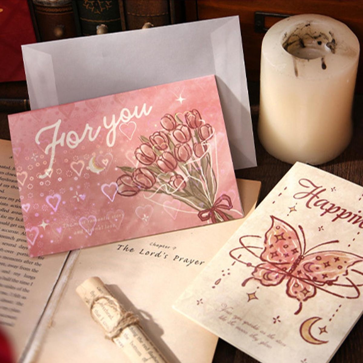 4Pcs Festival Card Romantic Flower Butterflies Pattern Birthday Blessing Card
