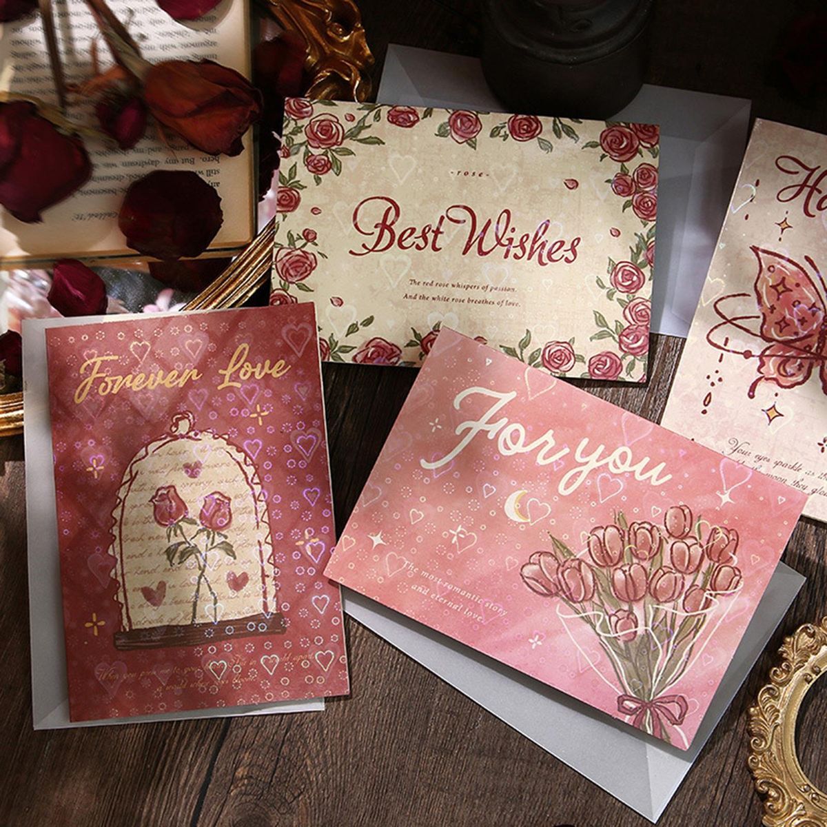 4Pcs Festival Card Romantic Flower Butterflies Pattern Birthday Blessing Card