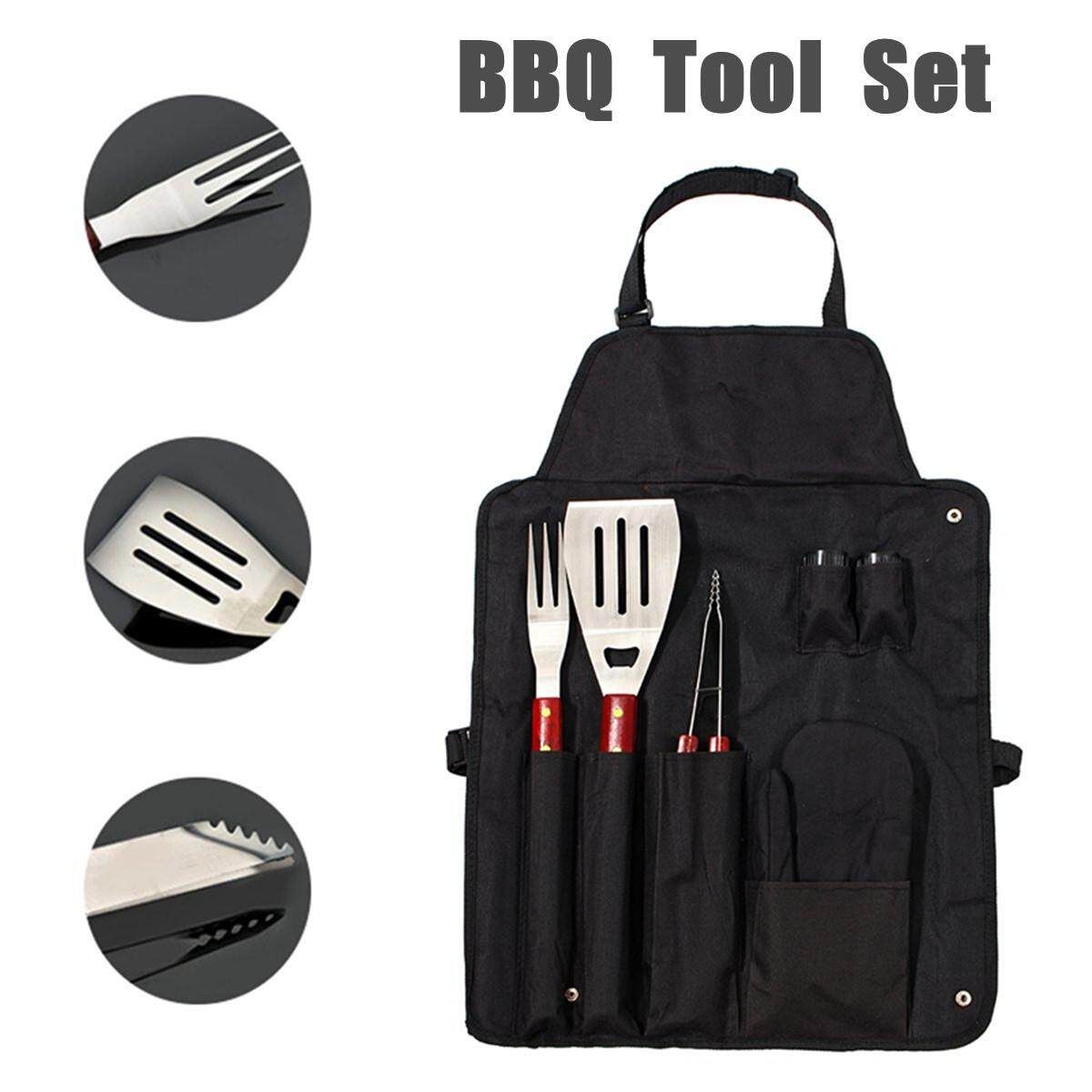 7PC BBQ Tools Grill Set Stainless Steel Cooking Kit Utensil With Apron Storage