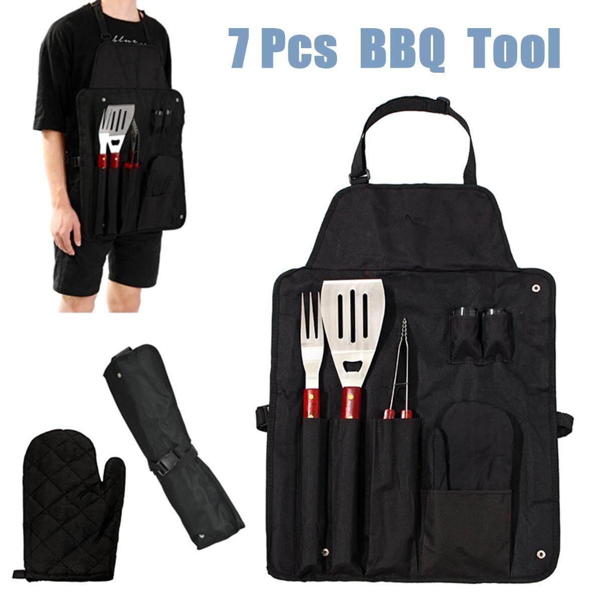7PC BBQ Tools Grill Set Stainless Steel Cooking Kit Utensil With Apron Storage