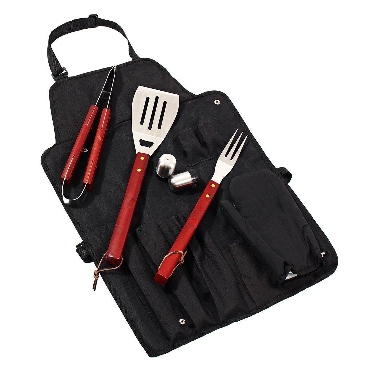 7PC BBQ Tools Grill Set Stainless Steel Cooking Kit Utensil With Apron Storage
