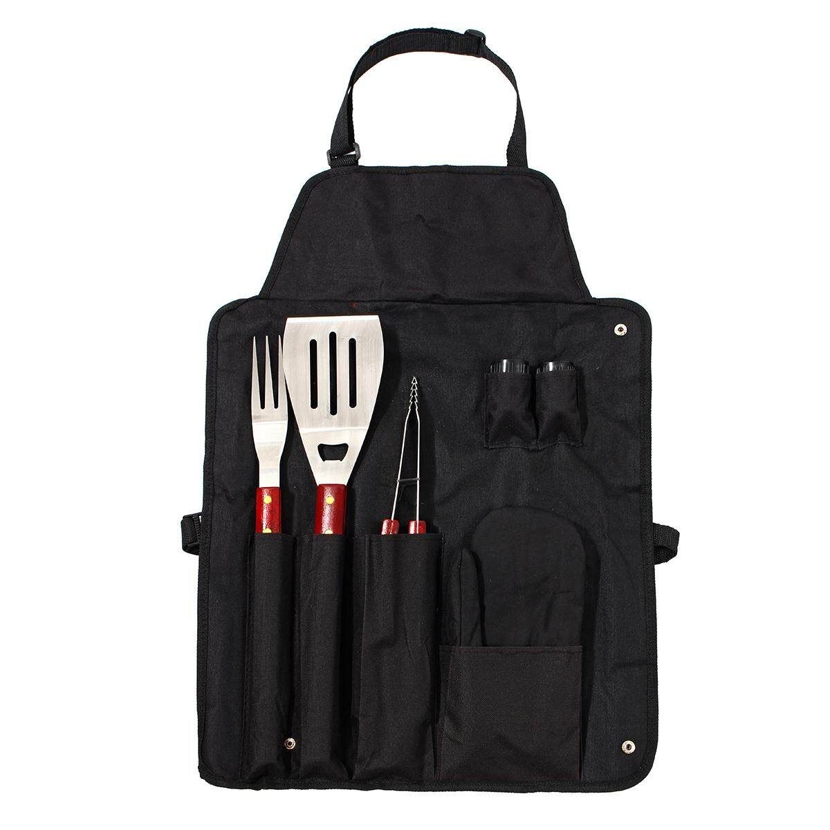 7PC BBQ Tools Grill Set Stainless Steel Cooking Kit Utensil With Apron Storage