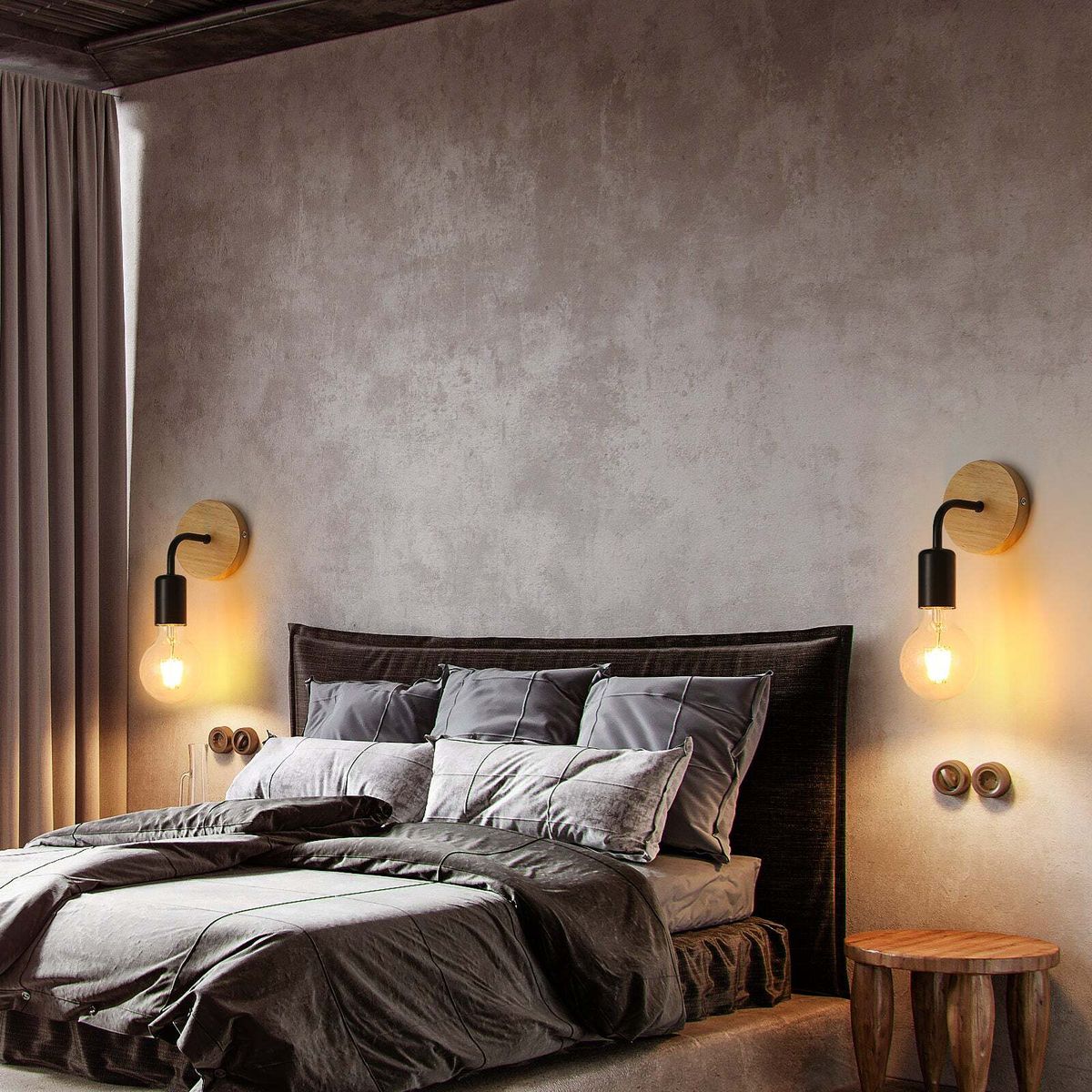 Industrial Indoor Wall Sconce 2 Pack, Metal Wood Wall Lamp