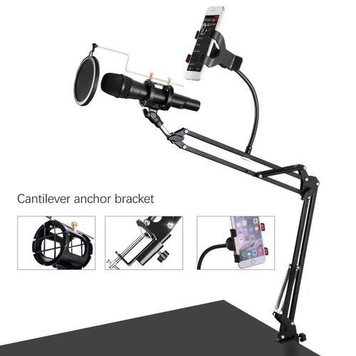 Professional Adjustable Desk Recording Microphone Stand With Phone Holder,Pop Filter.BLACK