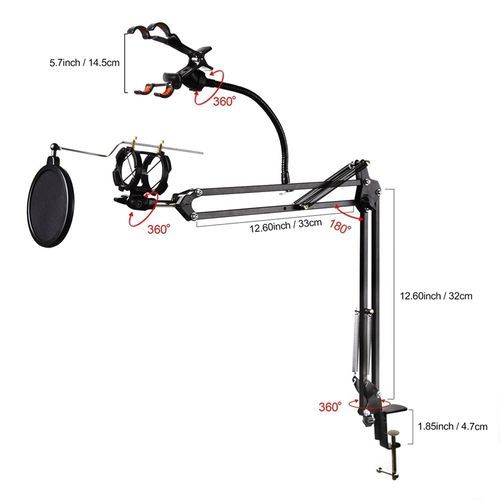 Professional Adjustable Desk Recording Microphone Stand With Phone Holder,Pop Filter.BLACK