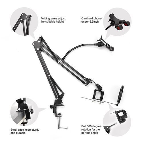 Professional Adjustable Desk Recording Microphone Stand With Phone Holder,Pop Filter.BLACK
