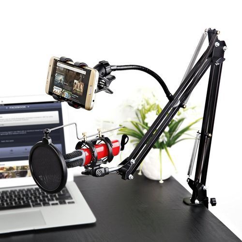 Professional Adjustable Desk Recording Microphone Stand With Phone Holder,Pop Filter.BLACK