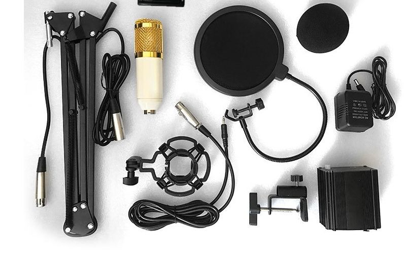 Premium Quality BM800 Studio Condenser Microphone Network Karaoke With Special Bracket,Power Supply,Pop Filter(Complete Set)/Studio Recording Condenser Microphone .BLACK