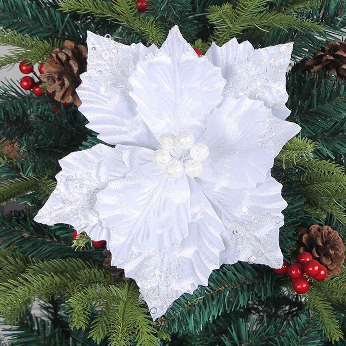 Festive Christmas Flower Decoration Sparkling Holiday Glitter for Tree White