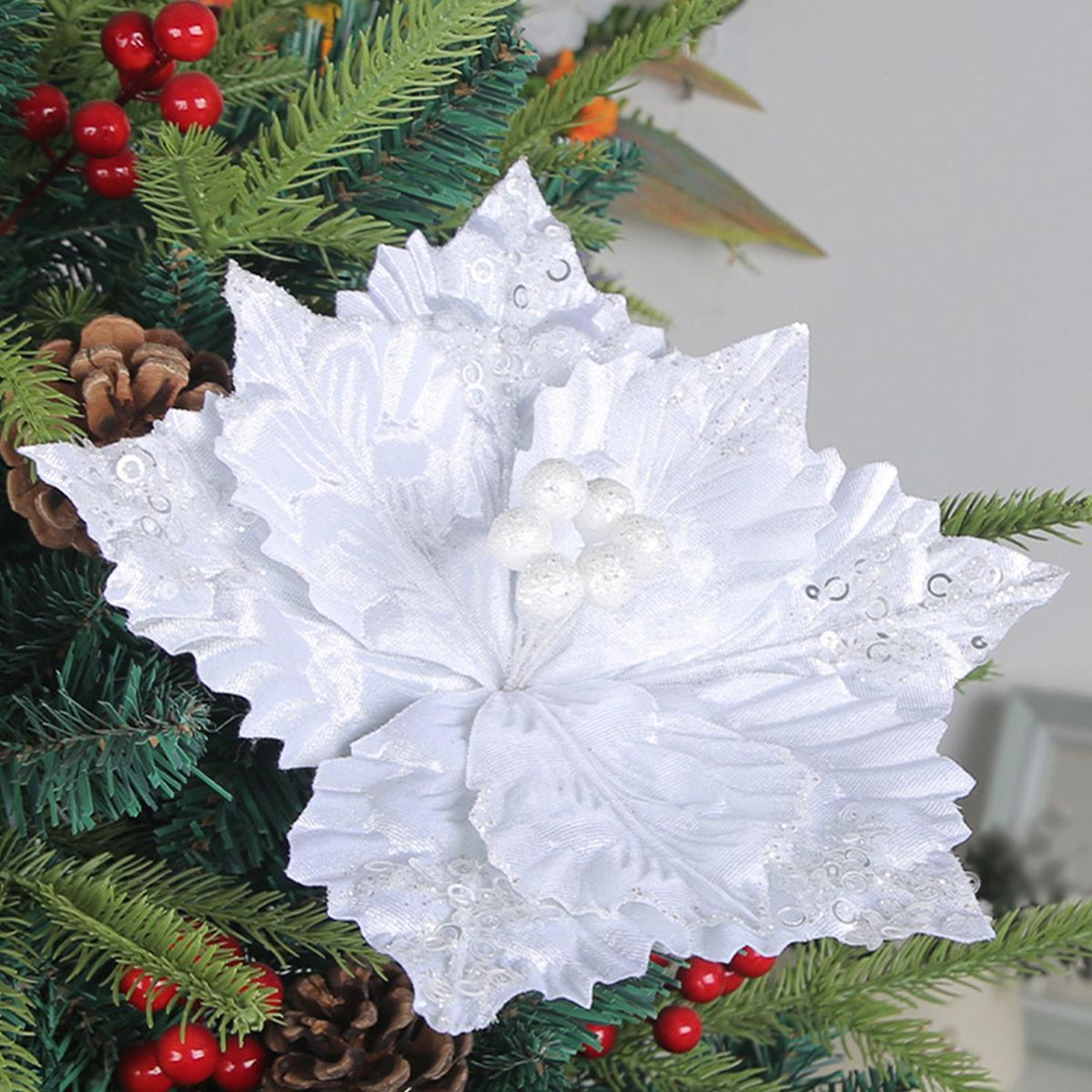 Festive Christmas Flower Decoration Sparkling Holiday Glitter for Tree White