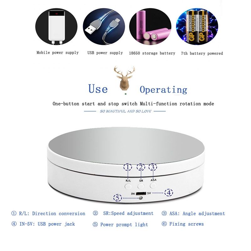 13.8cm Mirror Style USB Charging Smart 360 Degree Rotating Turntable Display Stand Video Shooting Props Turntable For Photography, Load 3kg (White)
