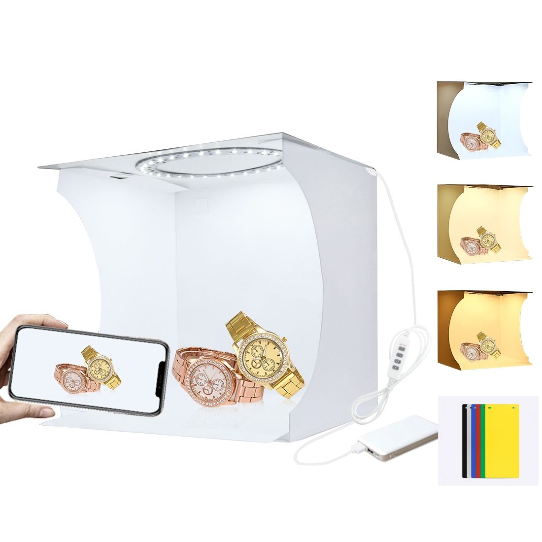 PULUZ 20cm Ring LED Panel Folding Portable Light Photo Lighting Studio Shooting Tent Box Kit With 6 Colors Backdrops (Black, White, Orange, Red, Green, Blue), Unfold Size: 24cm X 23cm X 22cm