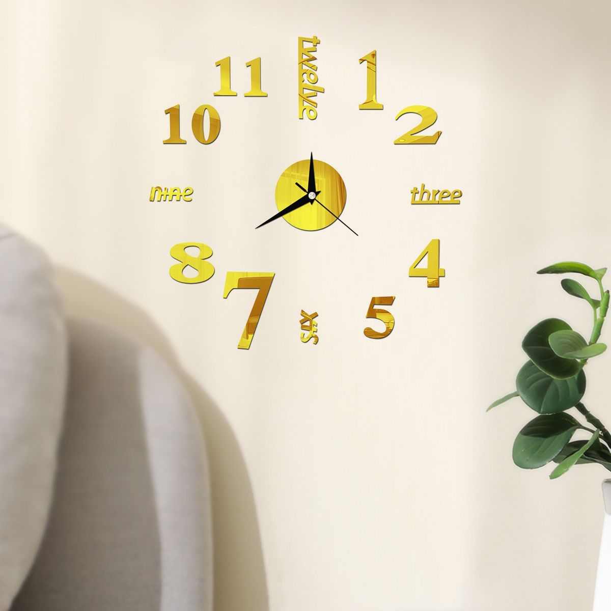 Wall Watches Stickers 3D Effect English Decorative Clock Golden