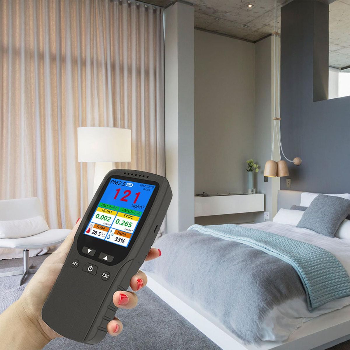 Air Quality Monitor for PM2.5 PM1.0 PM10 Formaldehyde TVOC Temperature Humidity LCD Screen Real Time Display