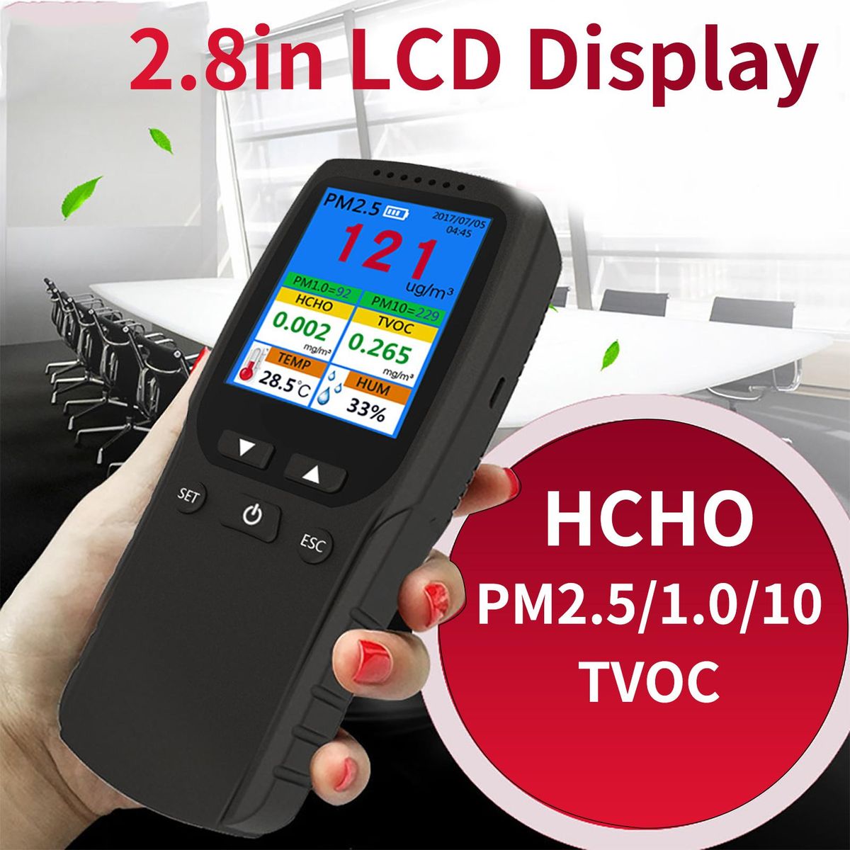 Air Quality Monitor for PM2.5 PM1.0 PM10 Formaldehyde TVOC Temperature Humidity LCD Screen Real Time Display